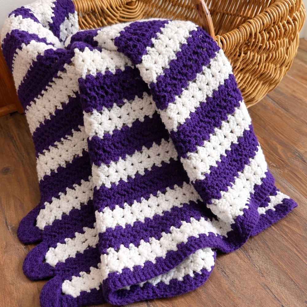 Hand-Crocheted Throw Blanket Purple White | Cottagecore Farmhouse Decor